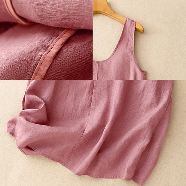 Buddha Stones Summer Daily Casual Pure Color Crew Neck Simple Design Sleeveless Midi Dress With Pockets - image 5
