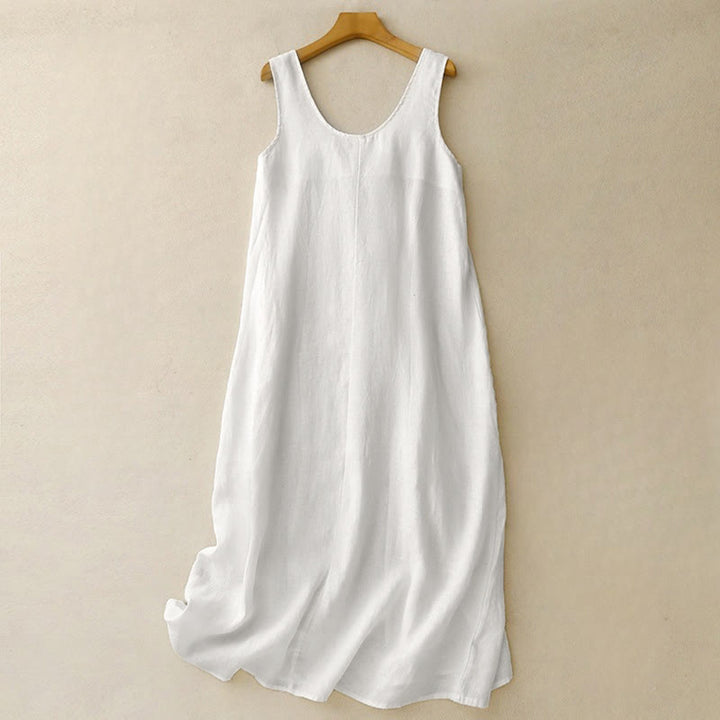 Buddha Stones Summer Daily Casual Pure Color Crew Neck Simple Design Sleeveless Midi Dress With Pockets - FloralWhite - US12，UK/AU16，EU44 (2XL) - image 7