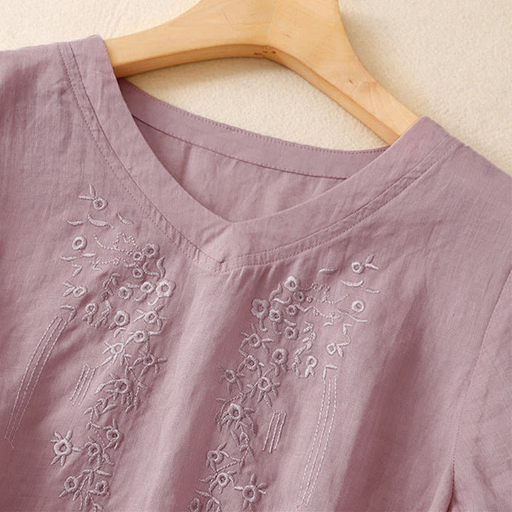 Buddha Stones Casual Women's Embroidered Flower V-neck Design Loose Half Sleeve Shirt - image 7