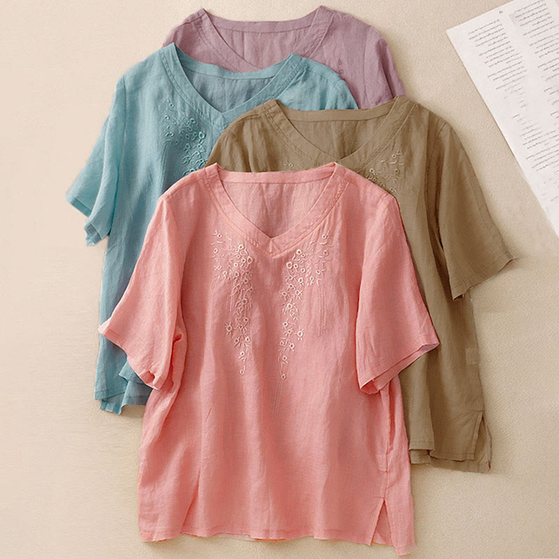 Buddha Stones Casual Women's Embroidered Flower V-neck Design Loose Half Sleeve Shirt - image 27
