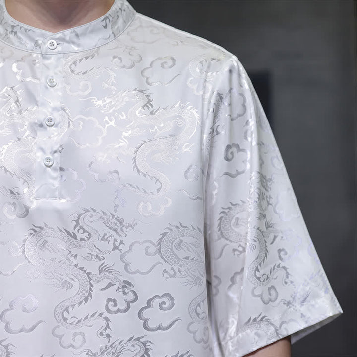 Buddha Stones Summer Vintage Tang Style Mandarin Collar Dragon Clouds Pattern Men's Short Sleeve Shirts - image 19