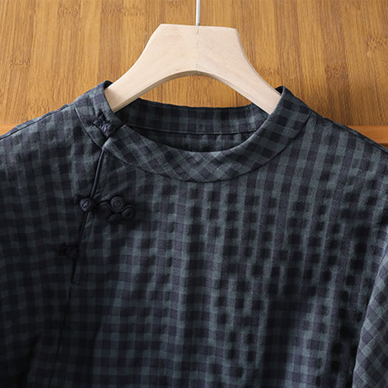 Buddha Stones Spring Summer Casual Tang Style Mandarin Collar Black Plaid Women's Three-Quarter Sleeve Shirts - image 3