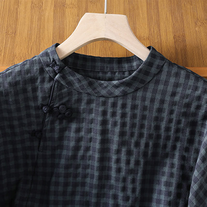 Buddha Stones Spring Summer Casual Tang Style Mandarin Collar Black Plaid Women's Three-Quarter Sleeve Shirts - image 3