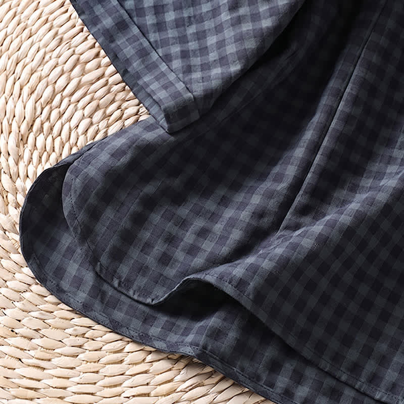 Buddha Stones Spring Summer Casual Tang Style Mandarin Collar Black Plaid Women's Three-Quarter Sleeve Shirts - image 6