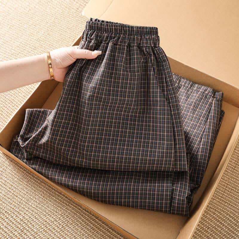 Buddha Stones Spring Summer Casual Brown Plaid Cropped Pants Women's Wide Leg Pants With Pockets - image 3
