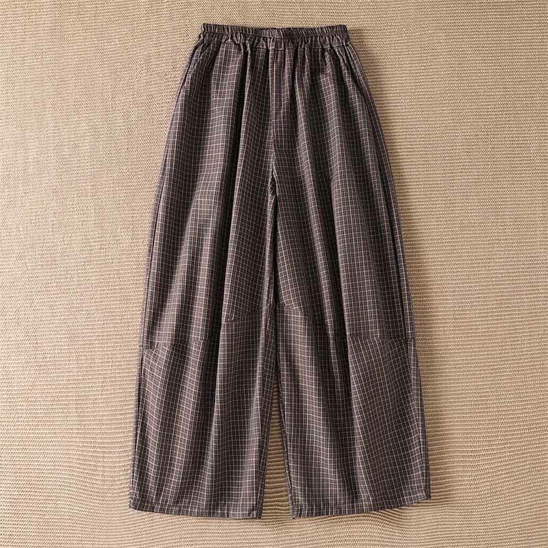 Buddha Stones Spring Summer Casual Brown Plaid Cropped Pants Women's Wide Leg Pants With Pockets - Sienna - US8-10, UK/AU12-14, EU40-42 (2XL) - image 0