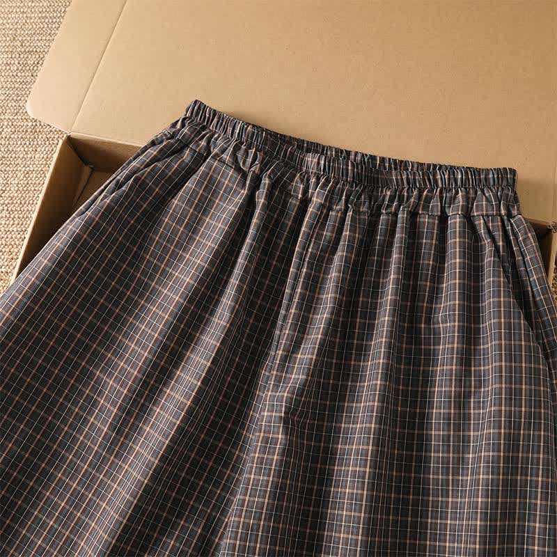 Buddha Stones Spring Summer Casual Brown Plaid Cropped Pants Women's Wide Leg Pants With Pockets - image 5