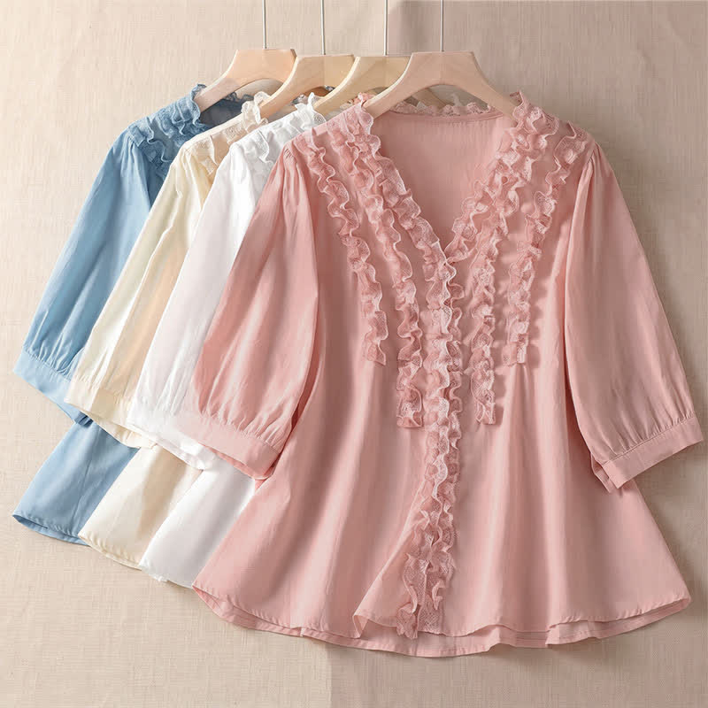 Buddha Stones Summer Casual Elegant Solid V-Neck Layered Ruffle Women's Three-Quarter Sleeve Shirts - image 31