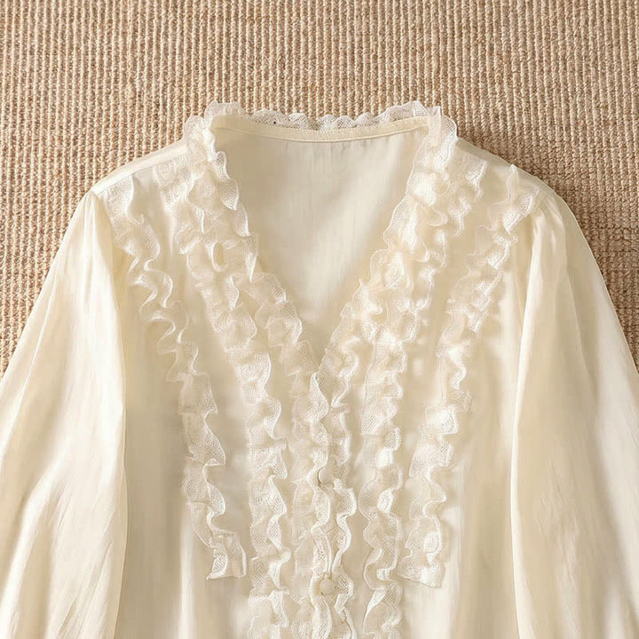 Buddha Stones Summer Casual Elegant Solid V-Neck Layered Ruffle Women's Three-Quarter Sleeve Shirts - image 18