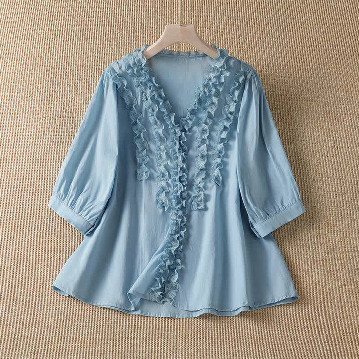 Buddha Stones Summer Casual Elegant Solid V-Neck Layered Ruffle Women's Three-Quarter Sleeve Shirts - LightSkyBlue - US8-10, UK/AU12-14, EU40-42 (XL) - image 8