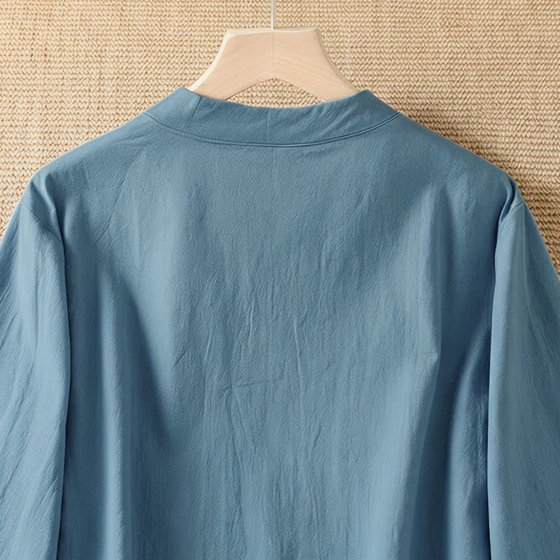 Buddha Stones Summer Casual Tang Style Frog Button Crew Neck Solid Women's Short Sleeve Shirts - image 2