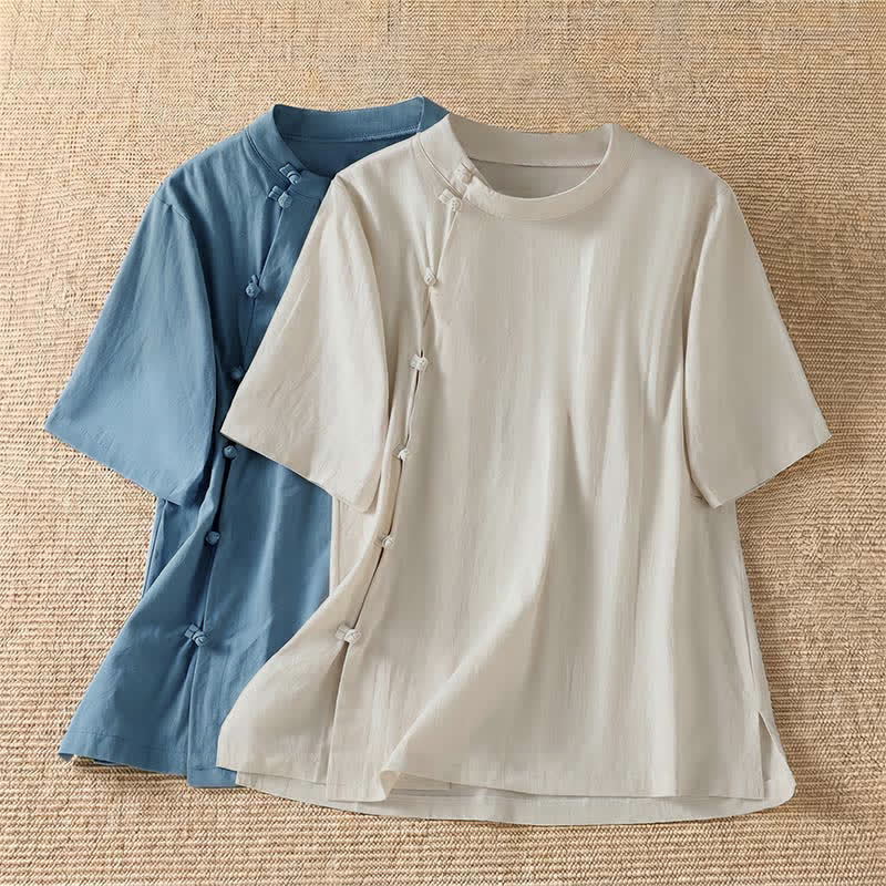 Buddha Stones Summer Casual Tang Style Frog Button Crew Neck Solid Women's Short Sleeve Shirts - image 14