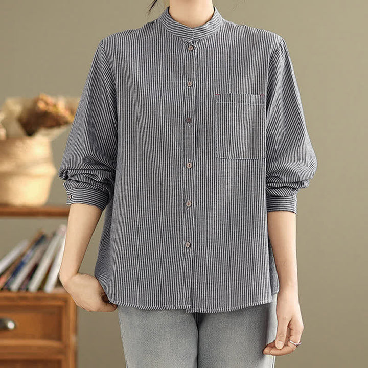 Buddha Stones Summer Casual Tang Style Mandarin Collar Striped Women's Long Sleeve Shirts With Patch Pocket - image 2