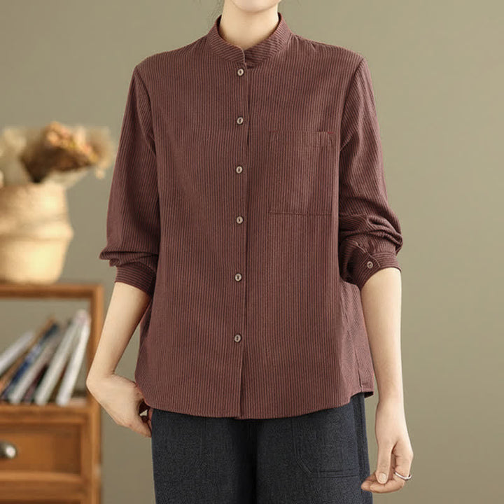 Buddha Stones Summer Casual Tang Style Mandarin Collar Striped Women's Long Sleeve Shirts With Patch Pocket - image 9