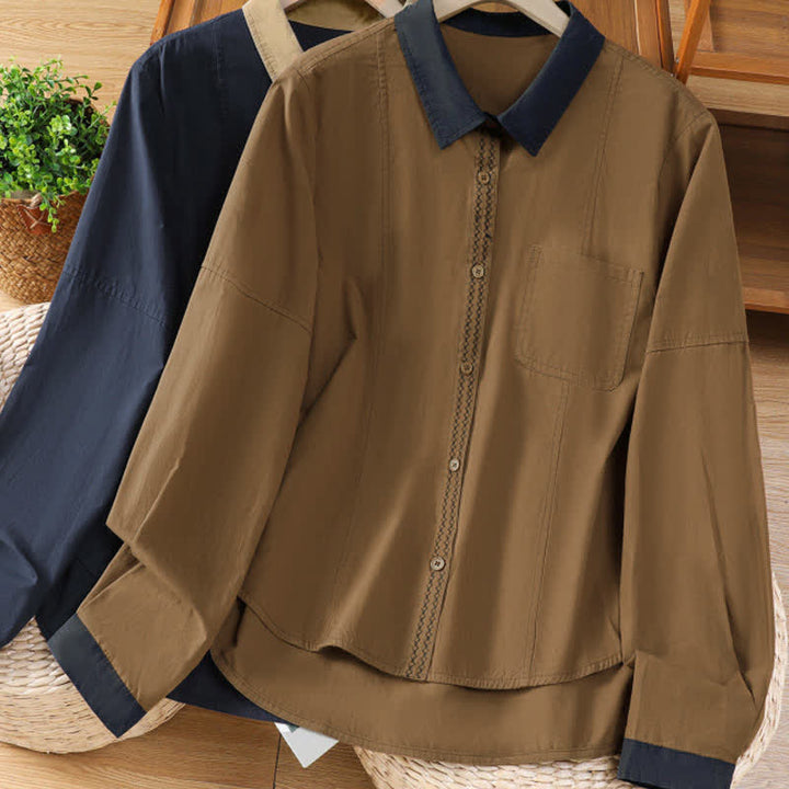 Buddha Stones Summer Casual Minimalist Solid Contrast Trim Women's Long Sleeve Shirts With Patch Pocket - image 19