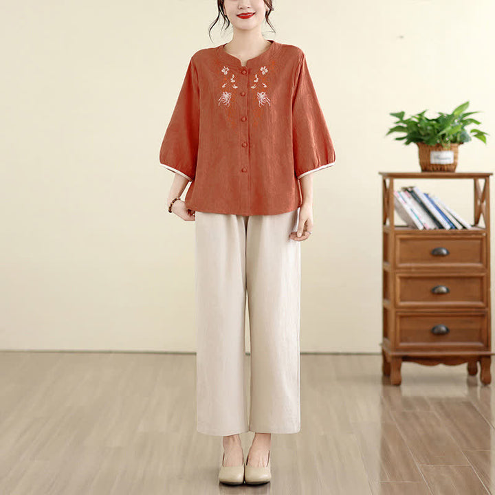 Buddha Stones Summer Vintage Tang Style Embroidery Floral Women's Three-Quarter Sleeve Shirts - image 13