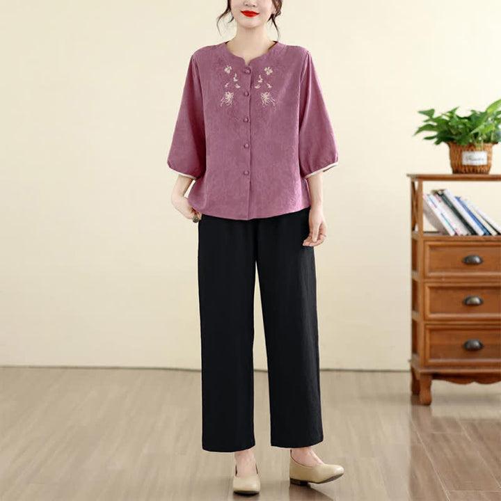 Buddha Stones Summer Vintage Tang Style Embroidery Floral Women's Three-Quarter Sleeve Shirts - image 5
