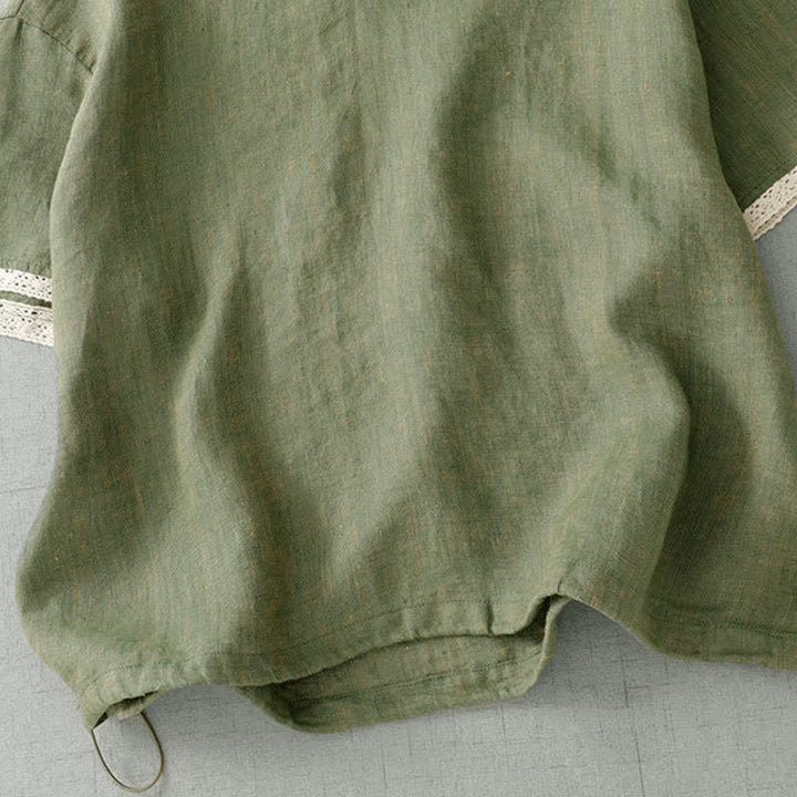 Buddha Stones Summer Casual Boho Button-Up Solid Green Hooded Lace Trim Women's Short Sleeve Shirts - image 7