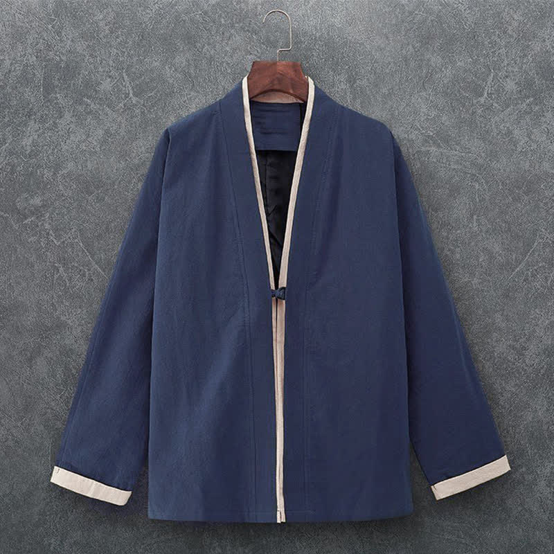 Buddha Stones Spring Summer Minimalist Casual Knot Button Solid Cotton Three-Quarter Sleeve Men's Kimono - Navy - US/UK/AU46, EU56 (5XL) - image 0