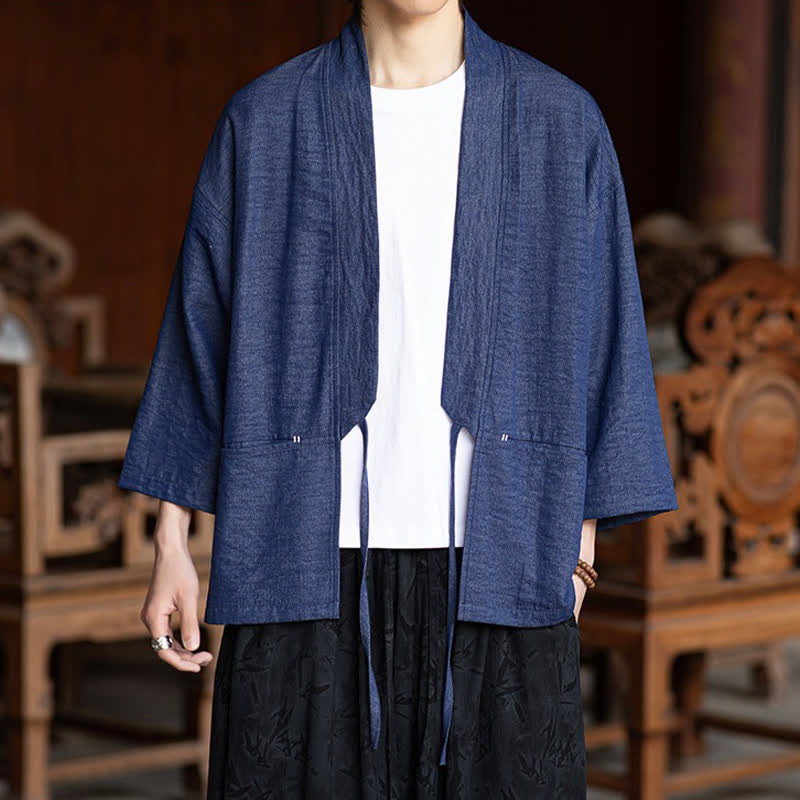 Buddha Stones Spring Summer Casual Minimalist Drawstring Solid Three-Quarter Sleeve Men's Kimono With Pocket - image 4