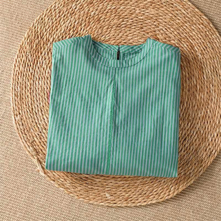 Buddha Stones Spring Casual Minimalist Green Striped Crew Neck Women's Long Sleeve T-Shirt - image 2