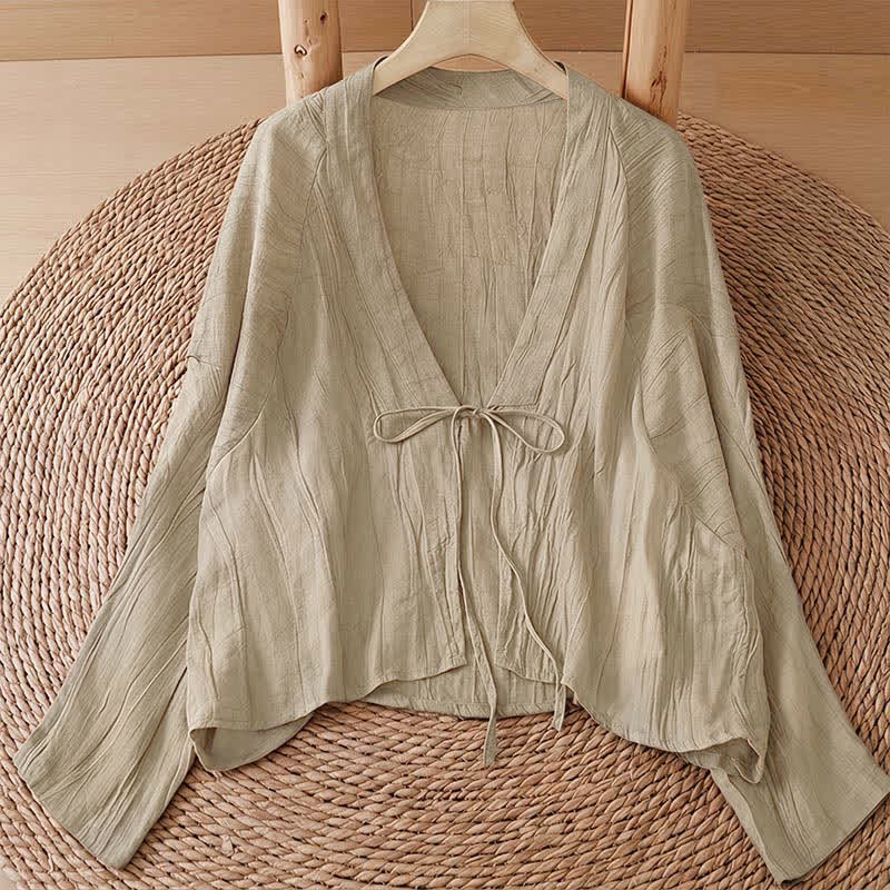 Buddha Stones Summer Casual Boho Wrinkle Design Drawstring Solid Women's Kimono - Beige - US14, UK/AU18, EU46 (2XL) - image 0