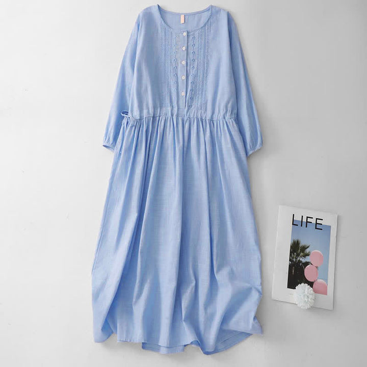 Buddha Stones Spring Summer Casual Vintage Button-Up Drawstring Solid Crew Neck Women's Three-Quarter Sleeve Dress - LightBlue - US12, UK/AU16, EU44 (2XL) - image 1