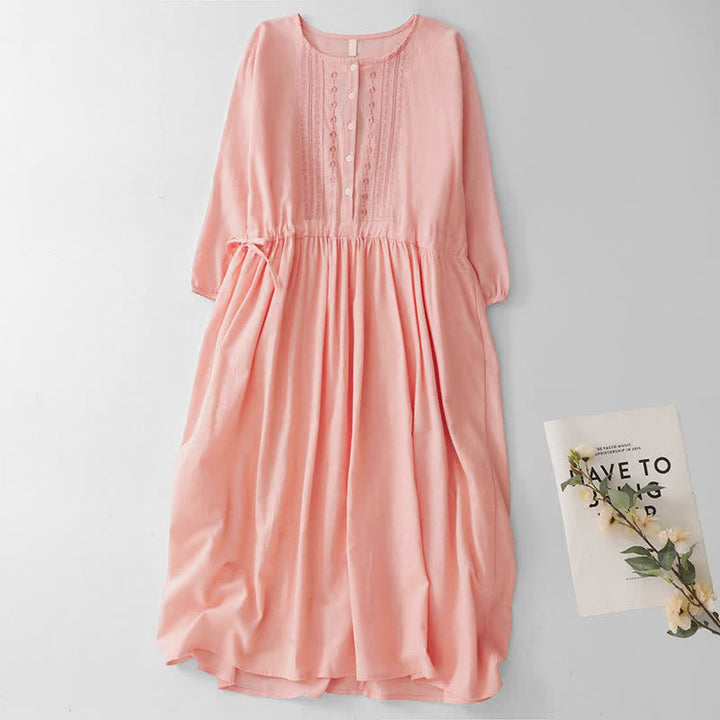Buddha Stones Spring Summer Casual Vintage Button-Up Drawstring Solid Crew Neck Women's Three-Quarter Sleeve Dress - LightPink - US12, UK/AU16, EU44 (2XL) - image 9