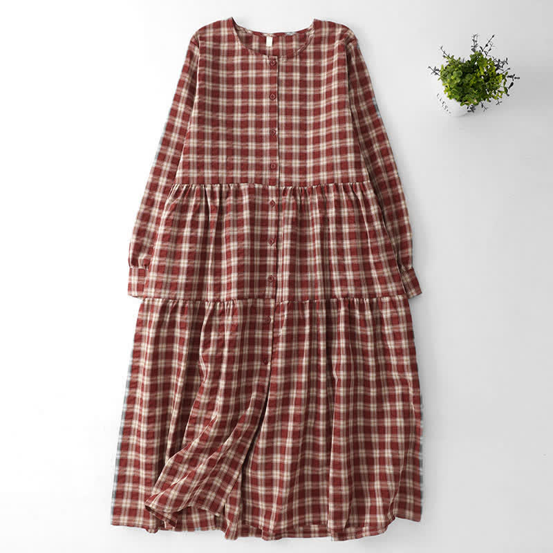 Buddha Stones Fall Casual Vintage Button-Up Red Plaid Tiered Women's Long Sleeve Dress With Pocket - IndianRed - US12, UK/AU16, EU44 (2XL) - image 0