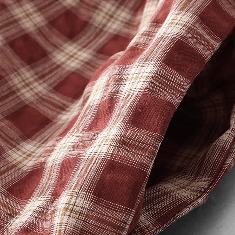 Buddha Stones Fall Casual Vintage Button-Up Red Plaid Tiered Women's Long Sleeve Dress With Pocket - image 8