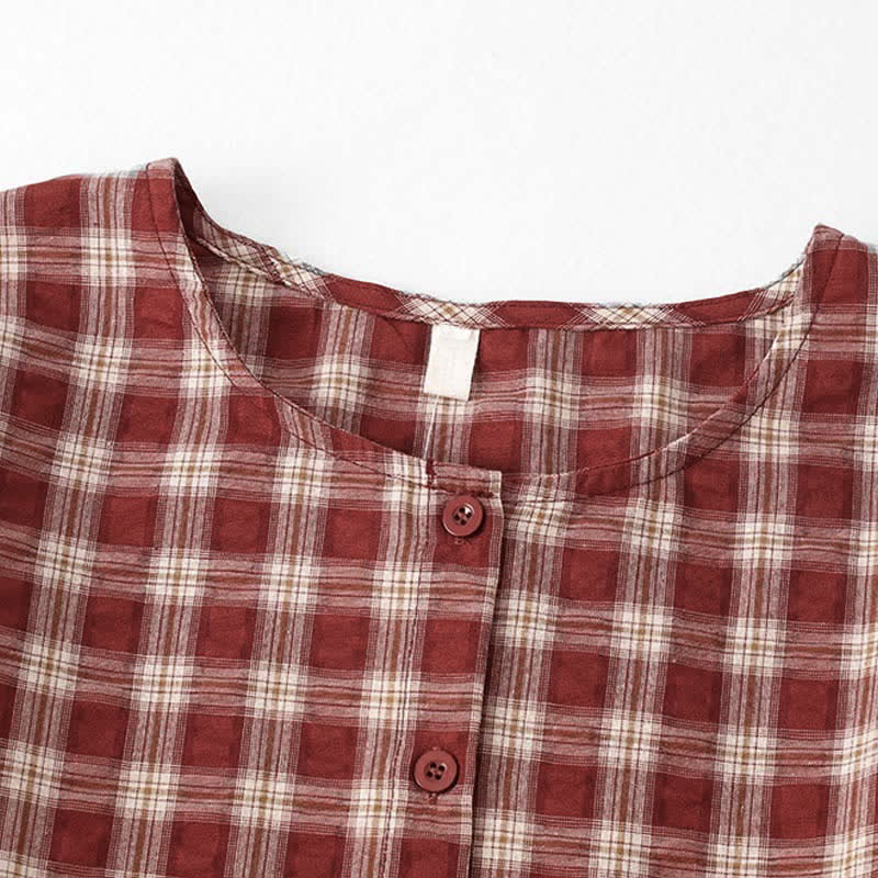 Buddha Stones Fall Casual Vintage Button-Up Red Plaid Tiered Women's Long Sleeve Dress With Pocket - image 2