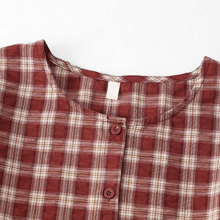Buddha Stones Fall Casual Vintage Button-Up Red Plaid Tiered Women's Long Sleeve Dress With Pocket - image 2