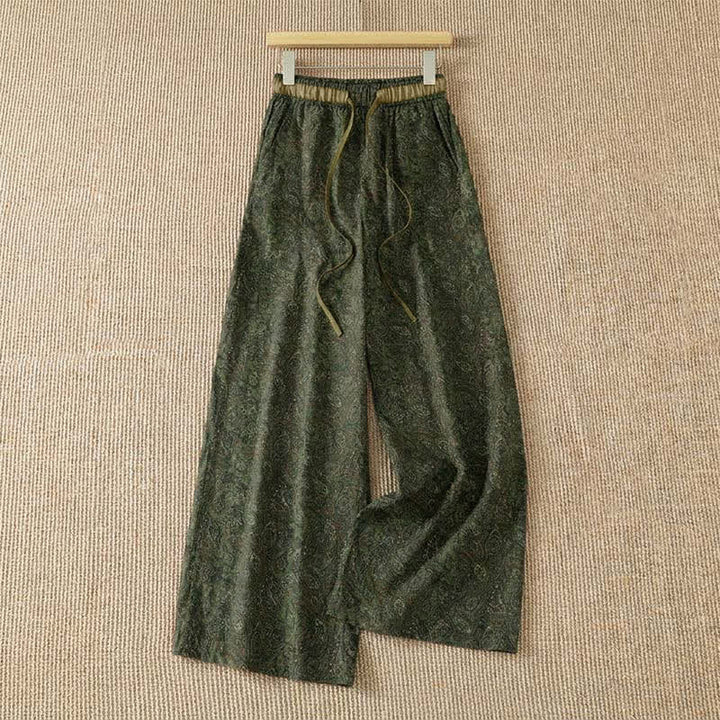 Buddha Stones Spring Summer Boho Drawstring Green Abstract Long Pants Women's Wide Leg Pants With Pocket - DarkOliveGreen - US8-10, UK/AU12-14, EU40-42 (2XL) - image 0