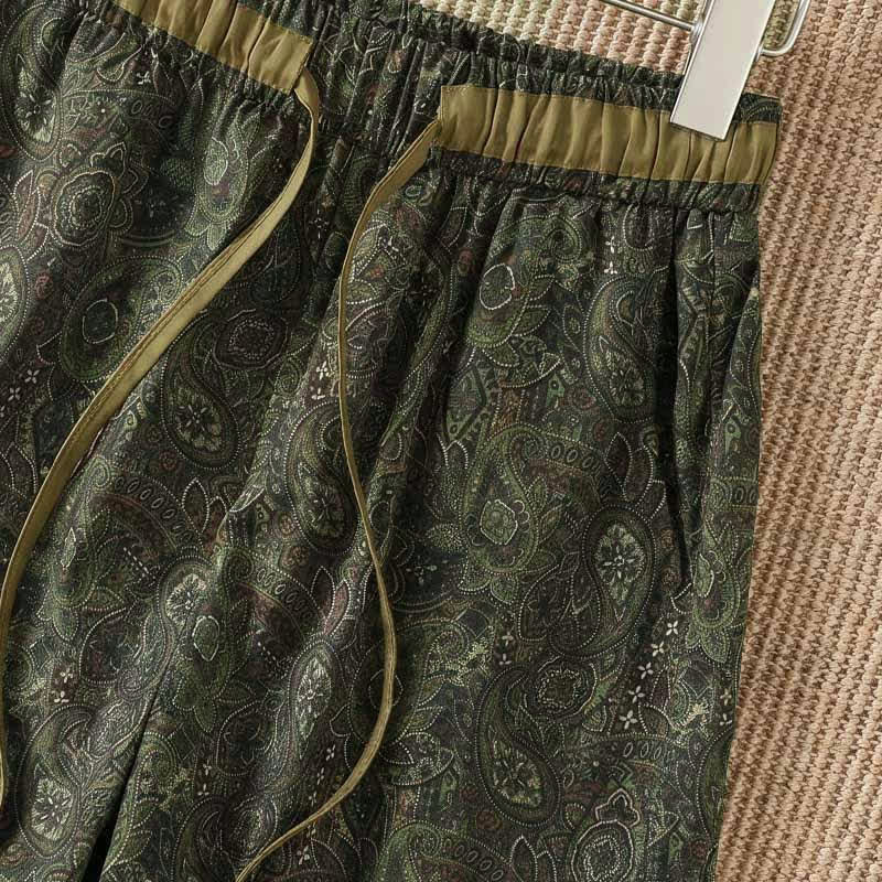 Buddha Stones Spring Summer Boho Drawstring Green Abstract Long Pants Women's Wide Leg Pants With Pocket - image 5