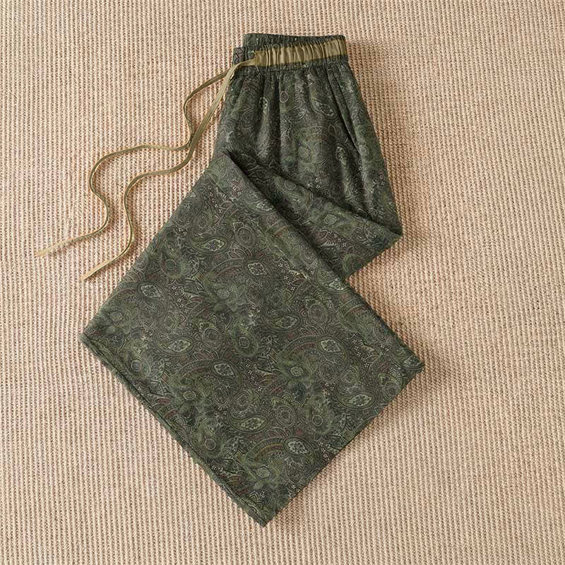 Buddha Stones Spring Summer Boho Drawstring Green Abstract Long Pants Women's Wide Leg Pants With Pocket - image 2