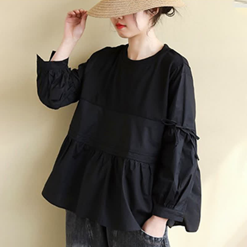 Buddha Stones Spring Fall Casual Vintage Crew Neck Peplum Hem Drawstring Solid Women's Long Sleeve T-Shirt - image 18
