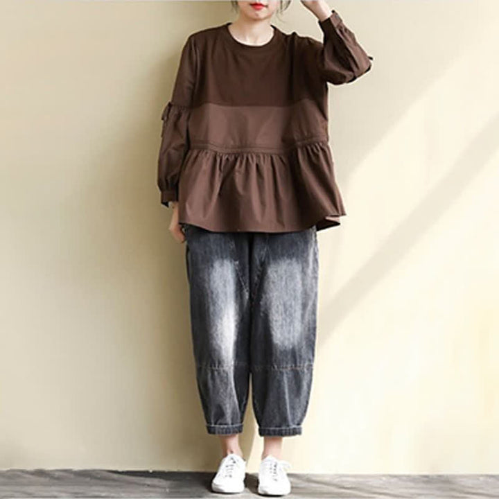Buddha Stones Spring Fall Casual Vintage Crew Neck Peplum Hem Drawstring Solid Women's Long Sleeve T-Shirt - image 13