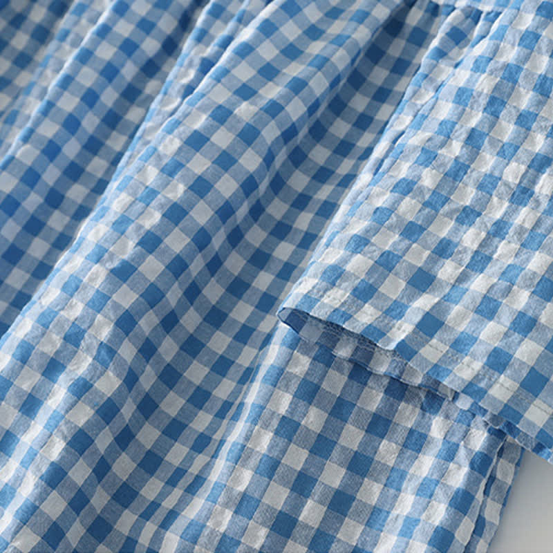 Buddha Stones Spring Casual Vintage Light Blue Plaid Crew Neck Women's Long Sleeve Dress With Pocket - image 8
