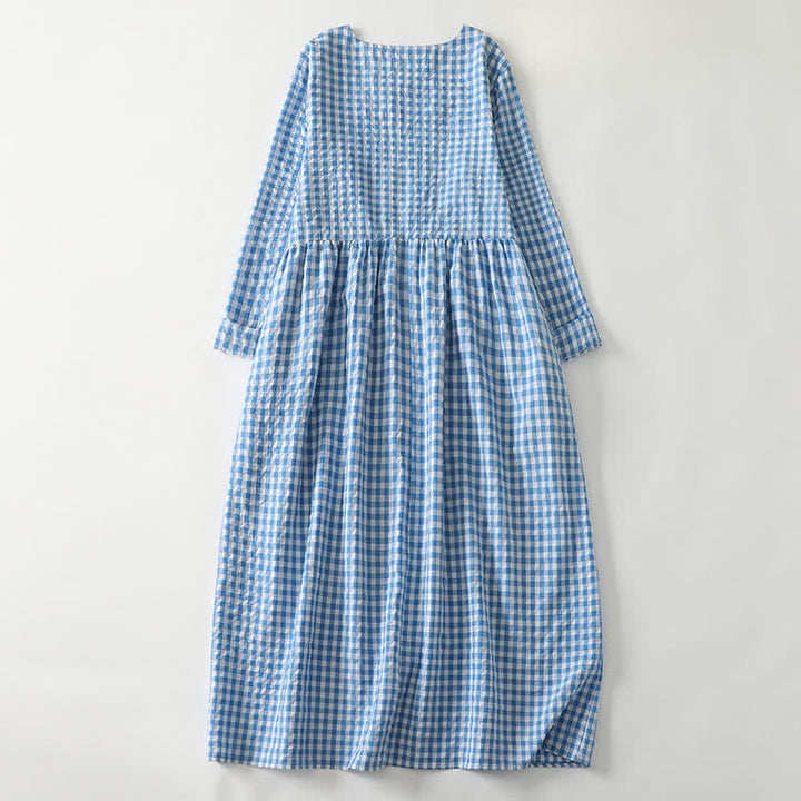 Buddha Stones Spring Casual Vintage Light Blue Plaid Crew Neck Women's Long Sleeve Dress With Pocket - image 1