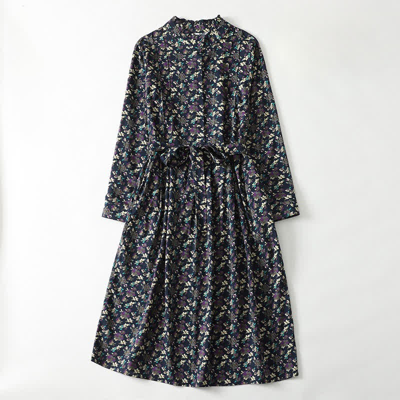 Buddha Stones Spring Summer Vintage Elegant Button-Up Floral Women's Long Sleeve DressWith Pockets - Navy - US8-10, UK/AU12-14, EU40-42 (2XL) - image 11