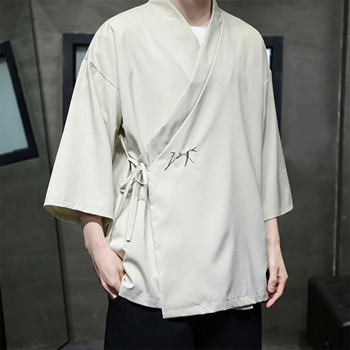Buddha Stones Summer Tang Style Minimalist Drawstring Bamboo Solid Three-Quarter Sleeve Men's Kimono - image 3
