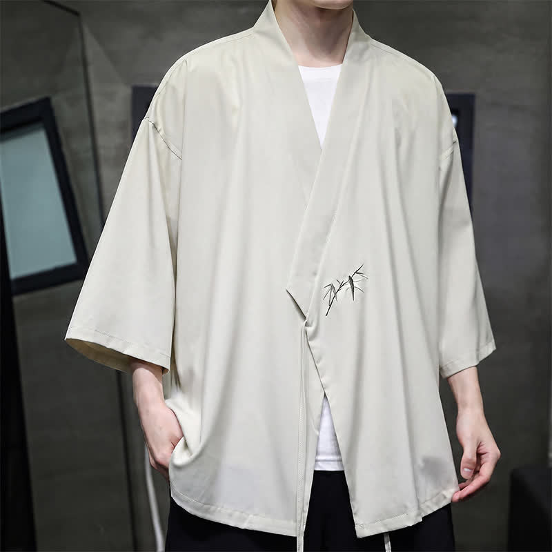 Buddha Stones Summer Tang Style Minimalist Drawstring Bamboo Solid Three-Quarter Sleeve Men's Kimono - image 4