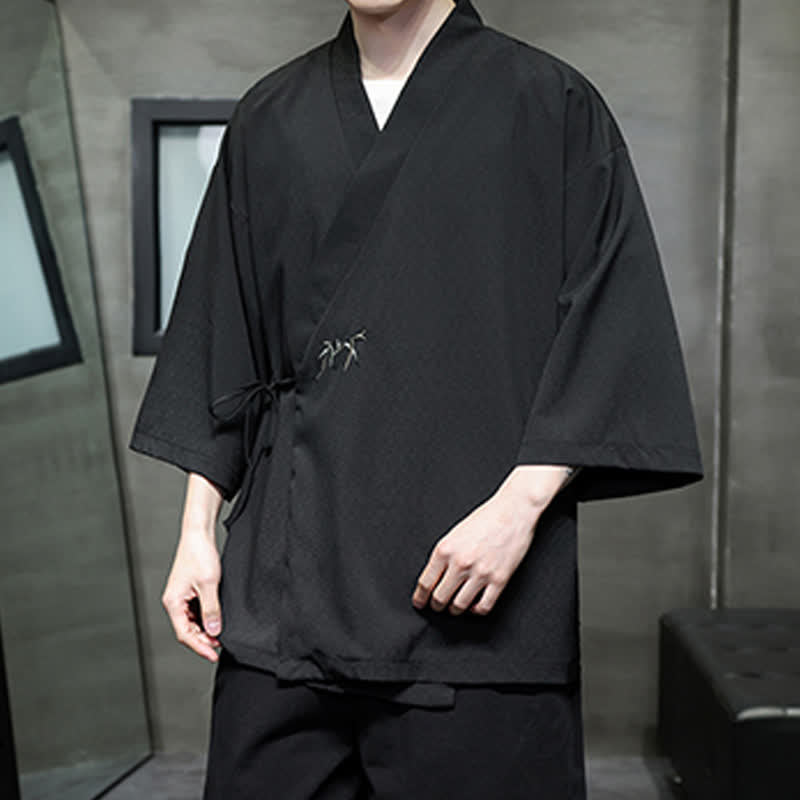 Buddha Stones Summer Tang Style Minimalist Drawstring Bamboo Solid Three-Quarter Sleeve Men's Kimono - image 15