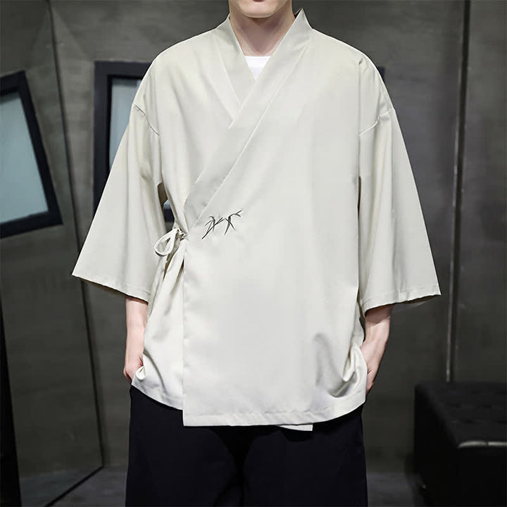 Buddha Stones Summer Tang Style Minimalist Drawstring Bamboo Solid Three-Quarter Sleeve Men's Kimono - image 5