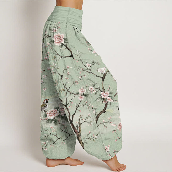 Buddha Stones Cotton Cherry Blossoms Bird Pattern Women's Elastic Waist Harem Pants - image 1