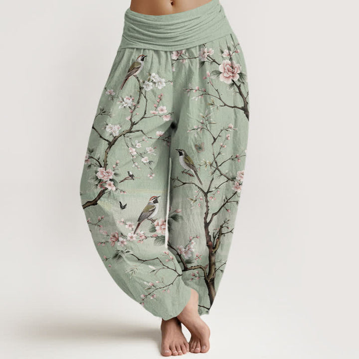 Buddha Stones Cotton Cherry Blossoms Bird Pattern Women's Elastic Waist Harem Pants - LightGreen - US16，UK/AU20，EU48 (3XL) - image 0