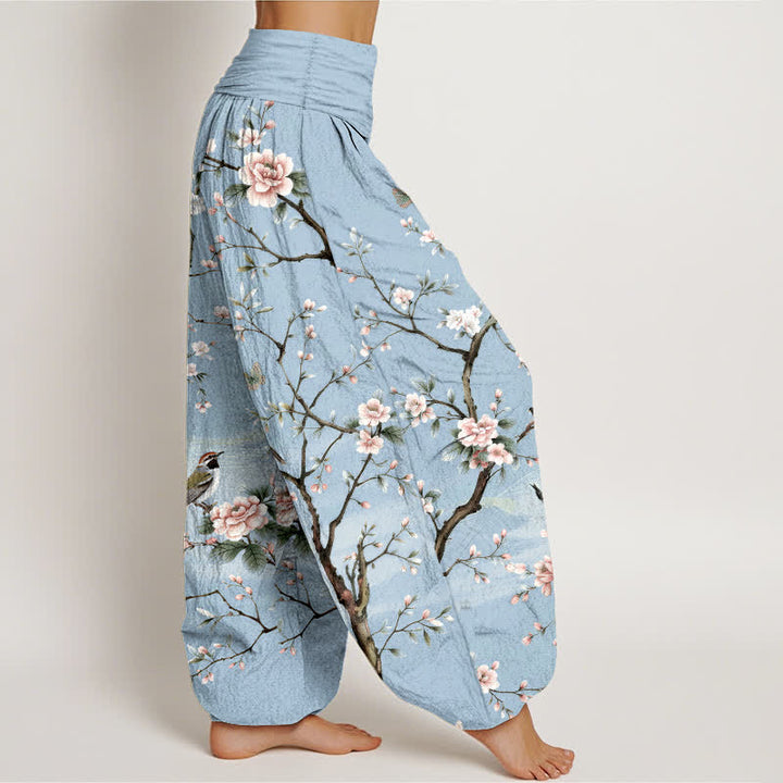 Buddha Stones Cotton Cherry Blossoms Bird Pattern Women's Elastic Waist Harem Pants - image 6