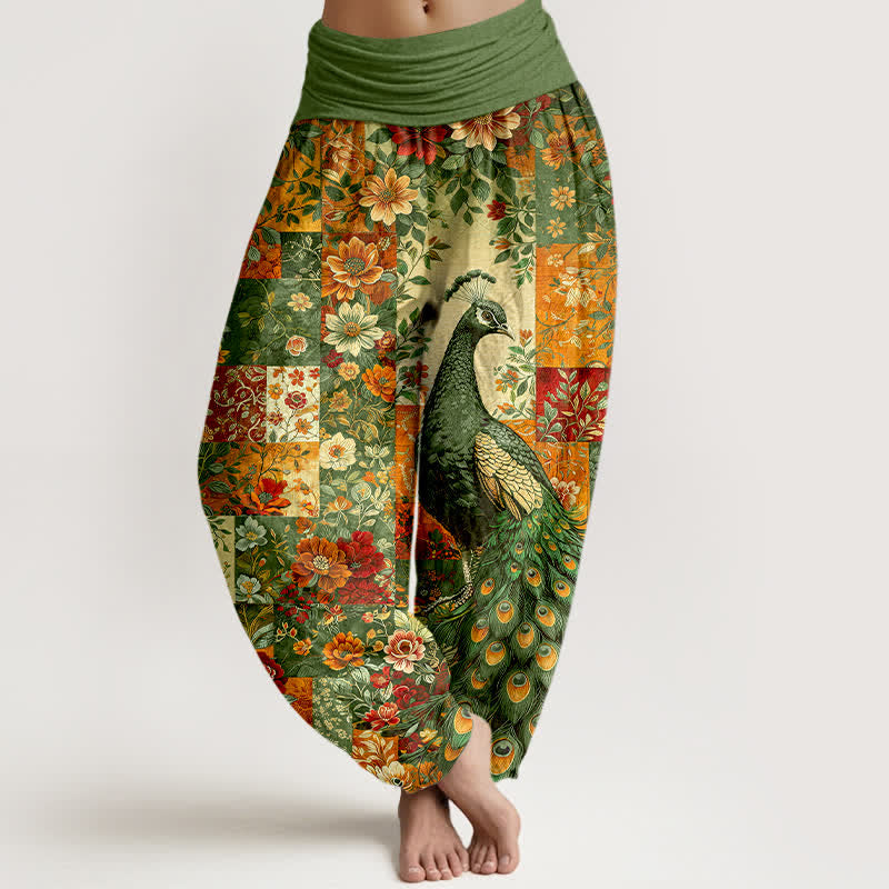 Buddha Stones Cotton Peacock Floral Patchwork Pattern Women's Elastic Waist Harem Pants - OliveDrab - US16，UK/AU20，EU48 (3XL) - image 8