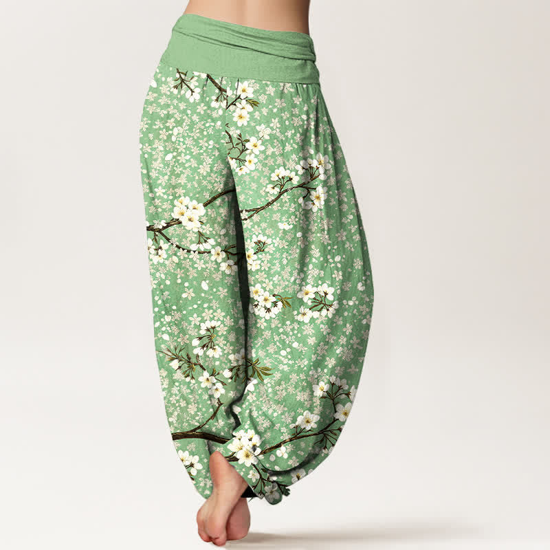 Buddha Stones Cotton White Blossom Branch Pattern Women's Elastic Waist Harem Pants - image 2