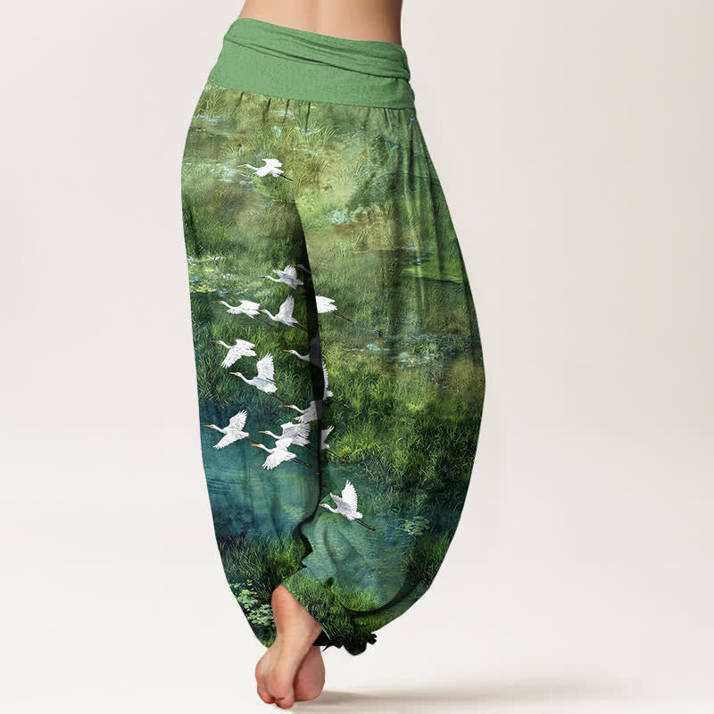 Buddha Stones Cotton Forest Lake Flying Bird Pattern Women's Elastic Waist Harem Pants - image 2